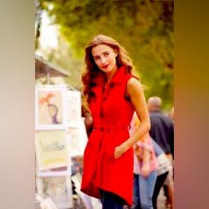 Cabi Size 4 Red Button Front Trench Vest Coat Dress Belted Cotton Chic